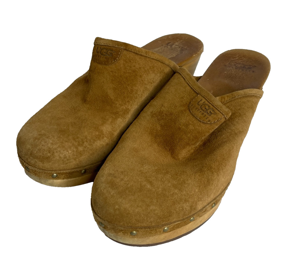 Women's 10 UGG Brown Suede Shearling Lined Heel Wooden Clogs